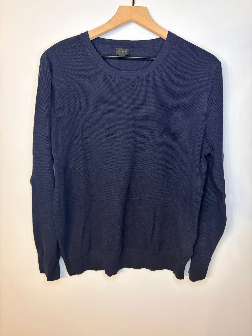 J.Crew Men’s Navy Blue Cotton-Cashmere Piqué Crewneck Sweater, Size Large